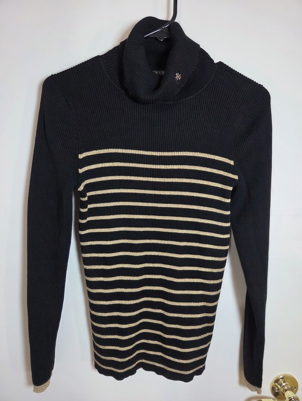 Lauren Ralph Lauren Turtleneck Striped Knit Sweater - Black & Cream